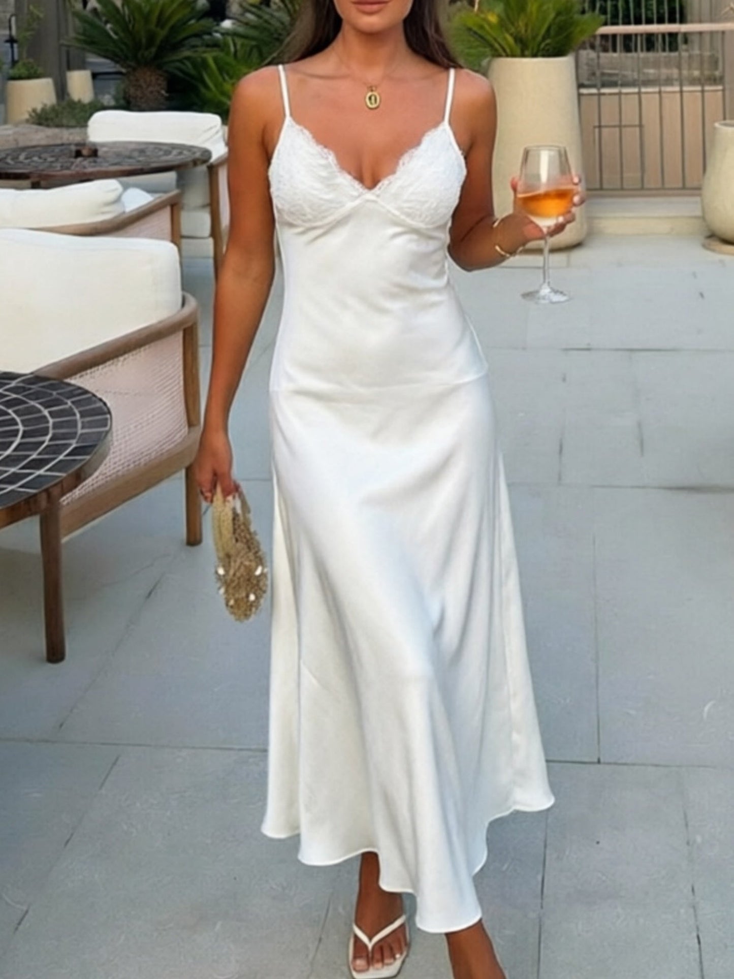 Lace Patchwork V-neck Backless Maxi Dresses