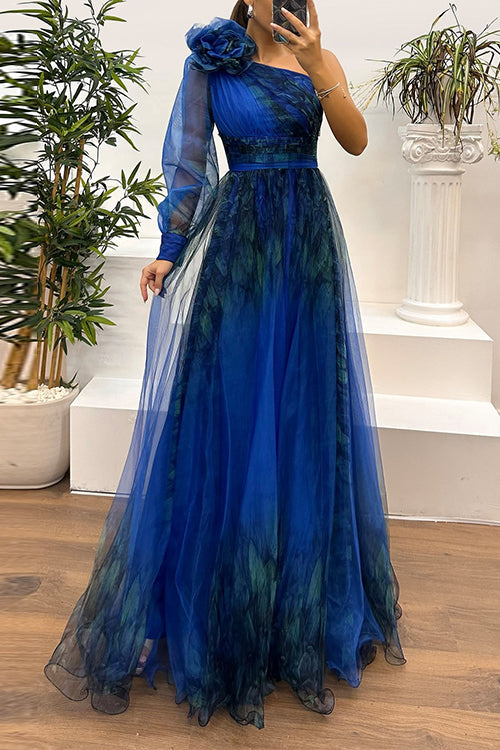 Margovil One Shoulder Long Sleeve High Waist Printed Mesh Slit Maxi Dress