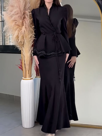V-neck Tie-front Blazer And High-waisted Slimming Skirt Two-piece Set