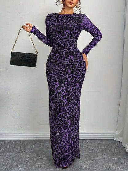 Leopard Print See-through Mesh Slimming And Waist-cinching Long-sleeved Long Dress