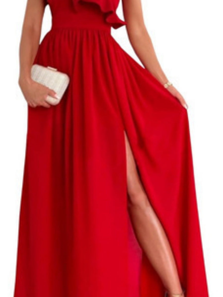 Sloping Shoulders Ruffle Slit Parties Maxi Dresses