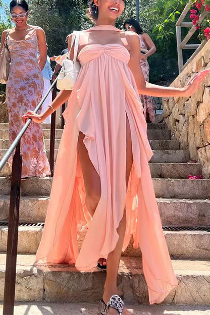 Margovil Sleeveless Open Back Ruffle Trim Slit Maxi Dress