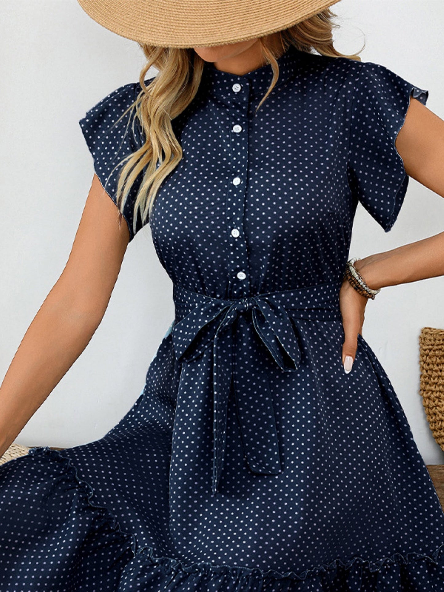 Polka Dots Lotus Leaf Sleeves A-line Skirt Lace Up Mini&Short Dresses