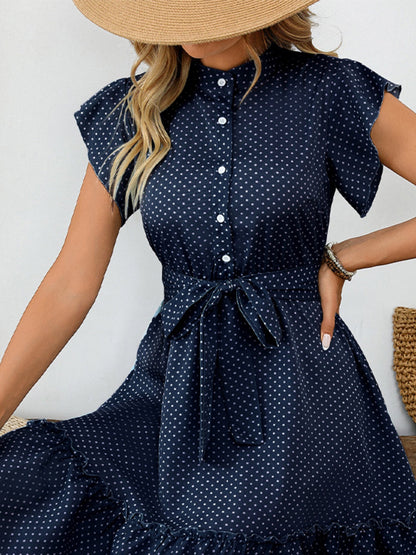 Polka Dots Lotus Leaf Sleeves A-line Skirt Lace Up Mini&Short Dresses