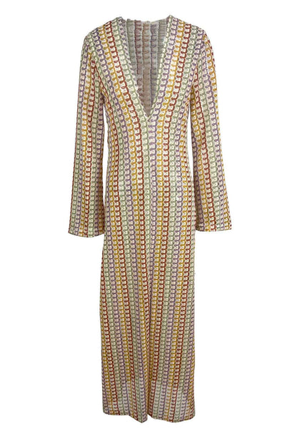 Scallop Circle Print Deep V-Neck Long Sleeve Front Slit Maxi Dress