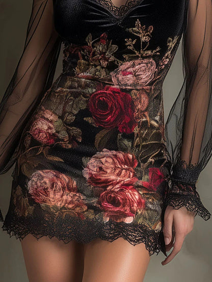 Lace Trim Floral Mesh Splicing Hip-hugging Mini&Short Dresses