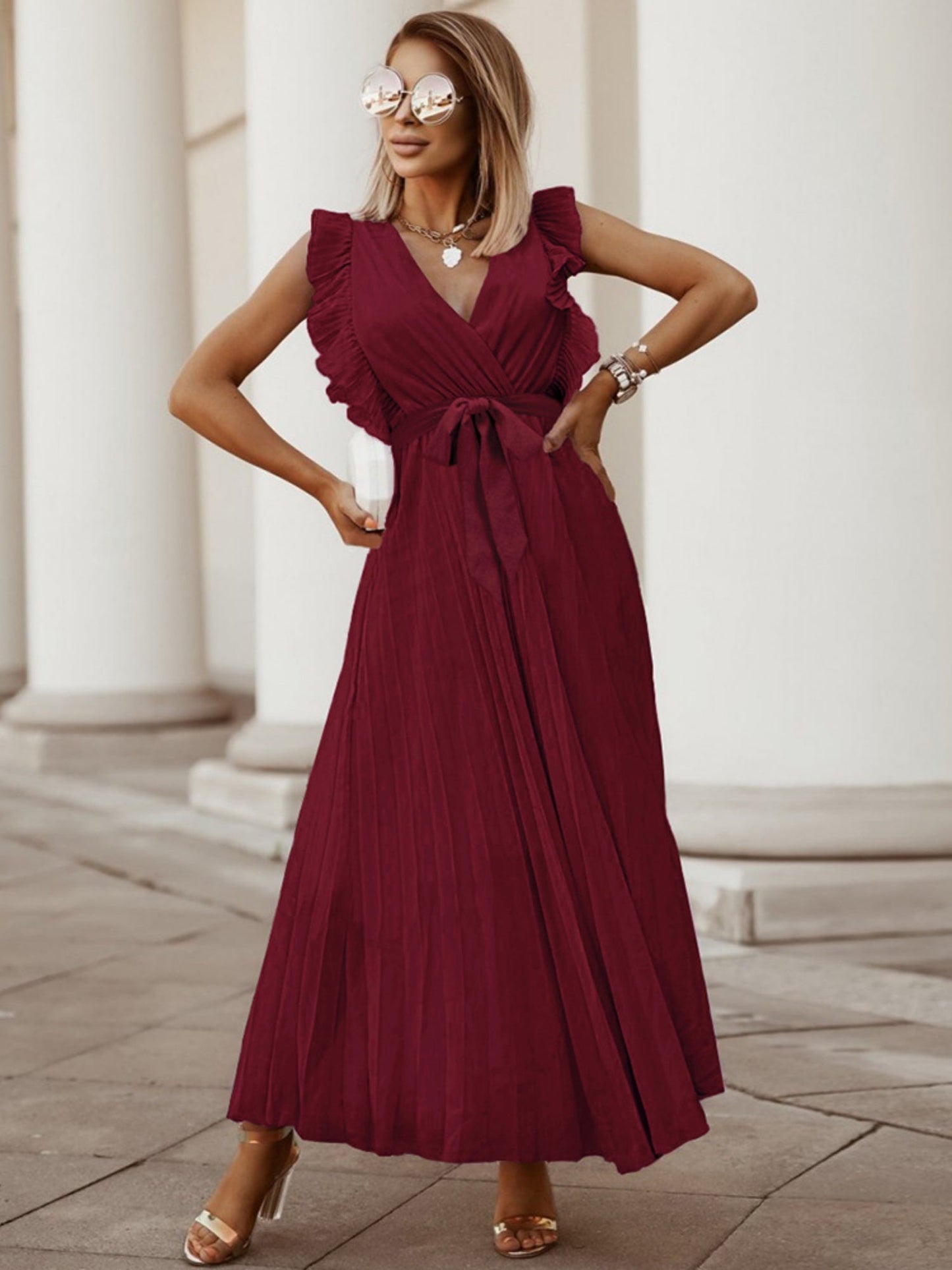 Lotus Leaf Sleeves Bow Chiffon Pleats Vacation Style Maxi Dresses
