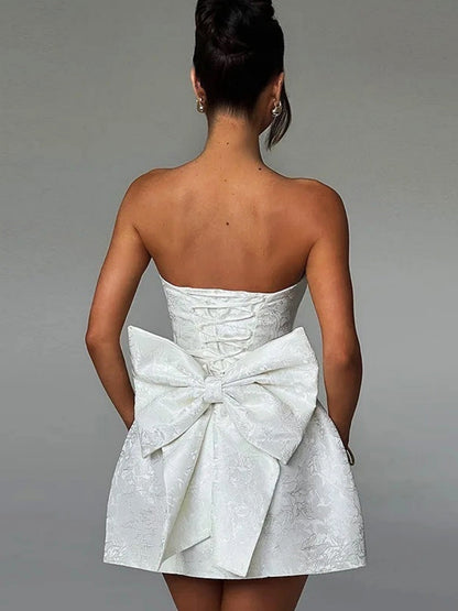 Jacquard Strapless Top Bow Straps Backless Solid Color Mini&Short Dresses