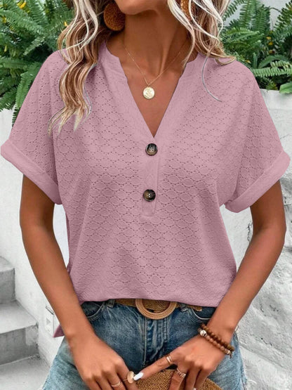 Knitting Buttons V-neck Short Sleeve T-shirts