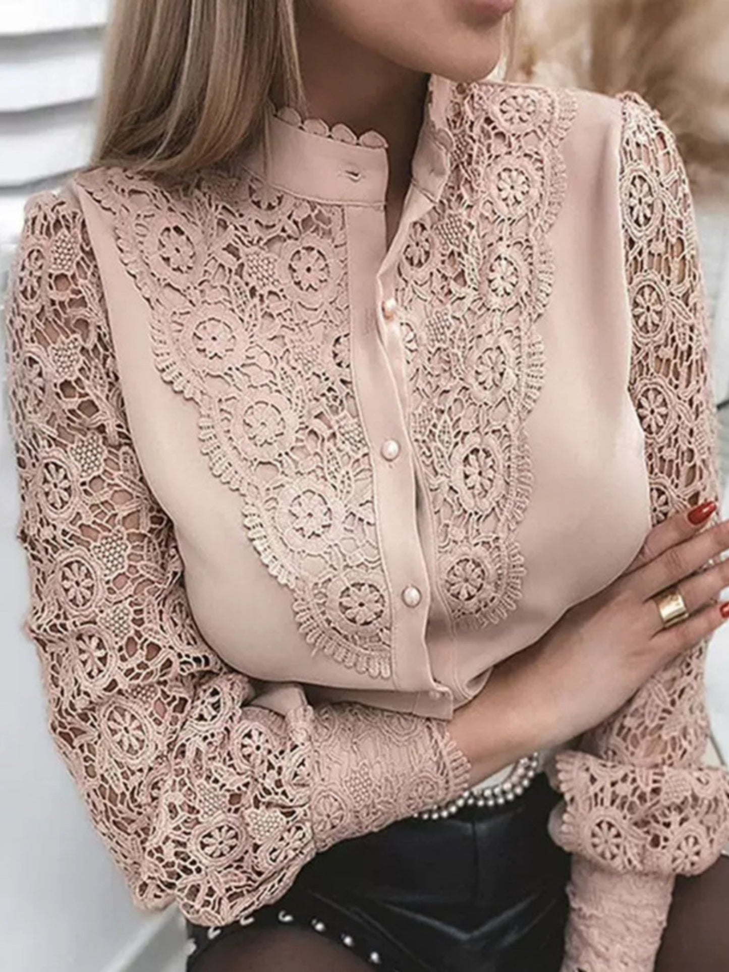 Lace Cutout Patchwork Lace Buttons Long-sleeved Cardigan Shirt