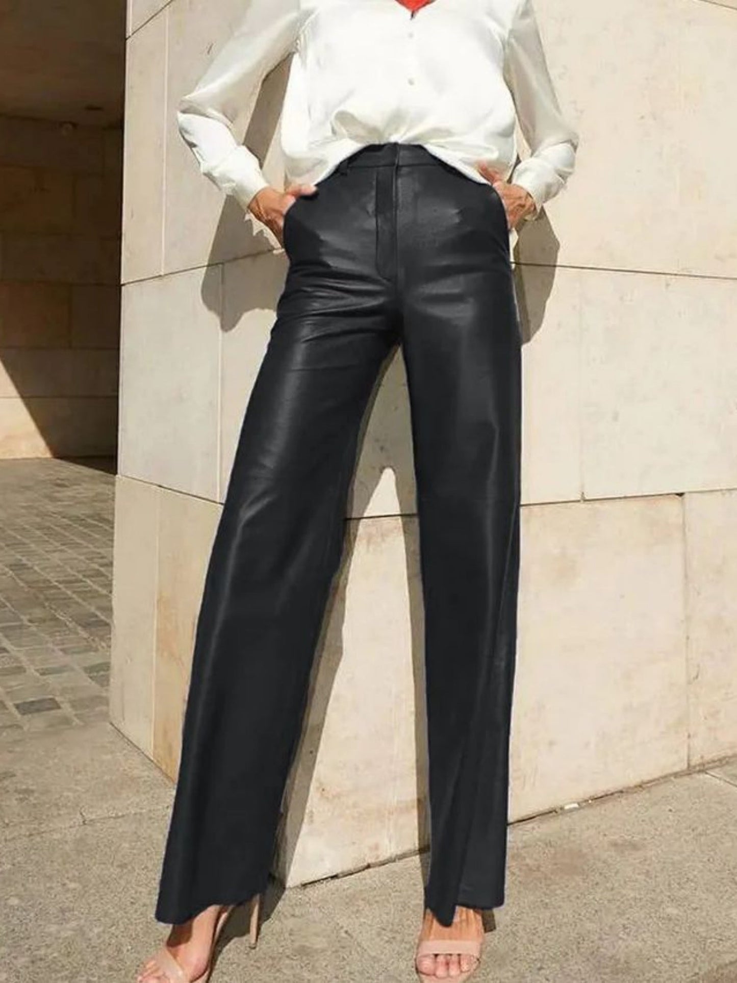 Leather Stitching High-waisted Hip Lift Straight-leg Pants Pants