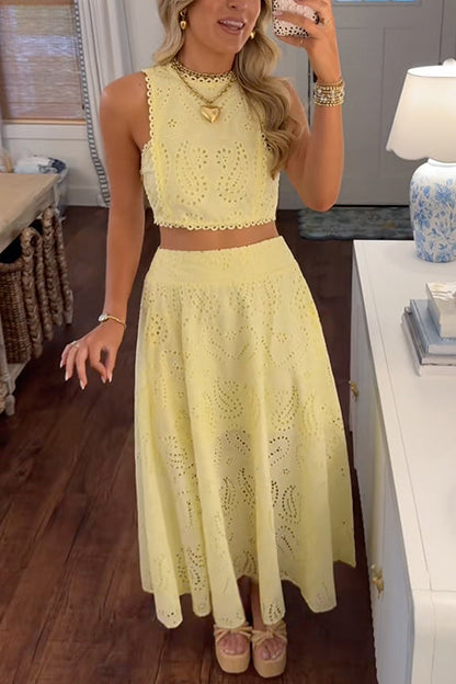 Margovil Lace Hollow Out Sleeveless Crop Top High Waist Maxi Skirt Set