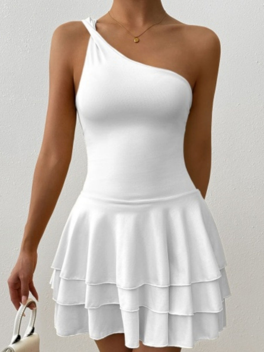 Slanted Shoulder Neck Backless Ruffle Mini&Short Dresses