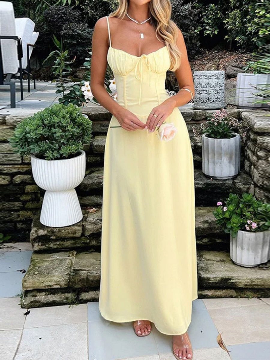 Lace-up A-line Solid Color Suspender Long Dress