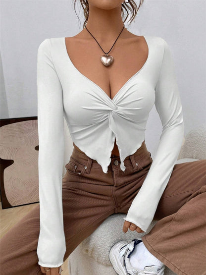 Knot V-neck Long-sleeved T-shirt