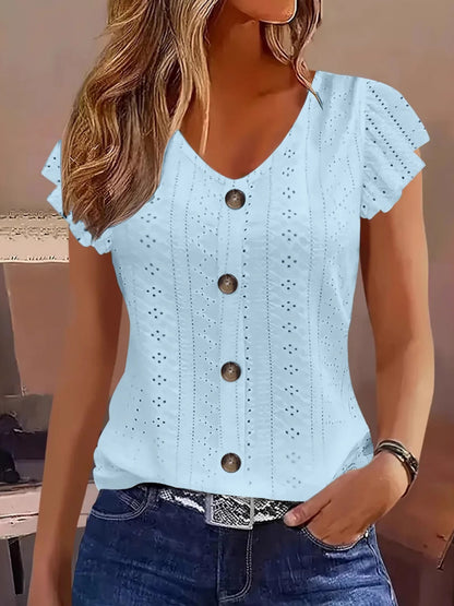 Jacquard Hollow Out Lotus Leaf Sleeves Buttons Crew Neck T-shirts