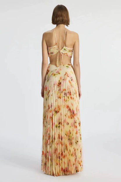 Halter Neck Plisse Pleated Watercolor Floral Waist Cutout Maxi Dress