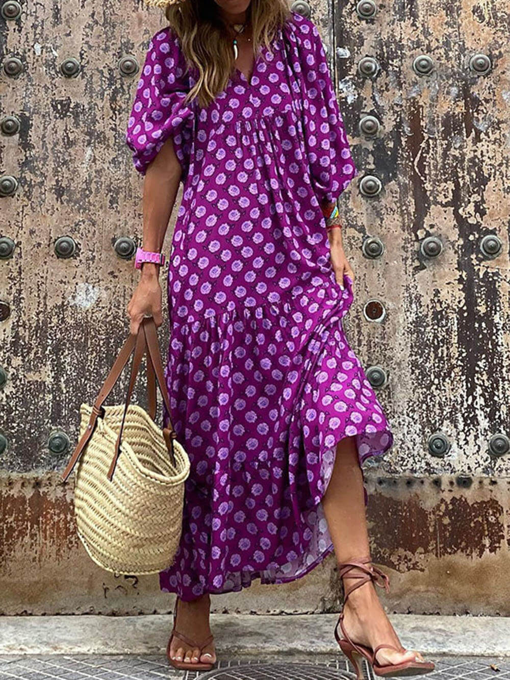 Deep V Neck Puff Sleeve Tiered Honeycomb Lattice Print Maxi Dress