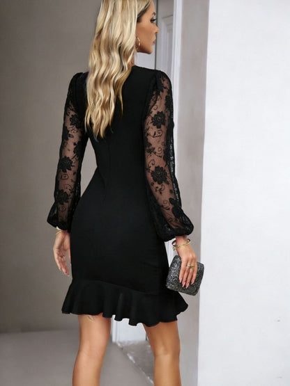 Lace-trimmed Puff Sleeves Ruffled Cross Hem Midi Dresses