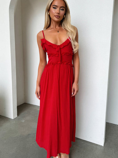 Ruffle Solid Color Camisoles Bandage Maxi Dresses
