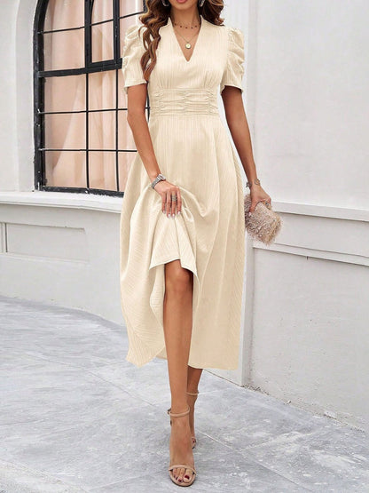 Pleated Waist Short Sleeve Maxi Dresses