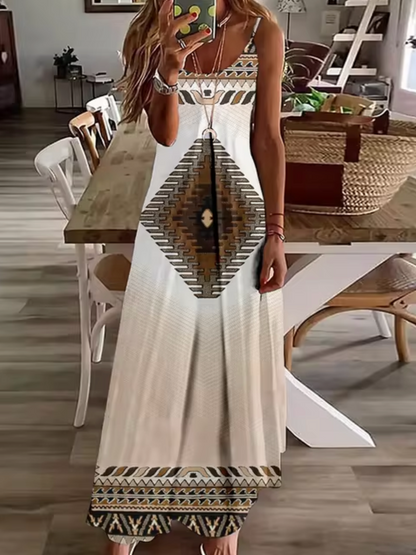 Deep V-Neck Turtle Dreamcatcher Feather Print Spaghetti Strap Maxi Dress