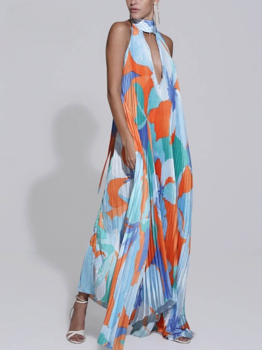 Halter Neck Plunging V Accordion Pleat Abstract Print Maxi Dress