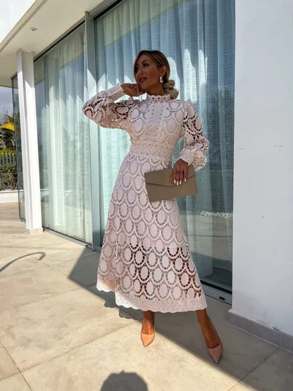 Hollow-out Long-sleeved Stand-up Collar Short Dress With Lace Trim