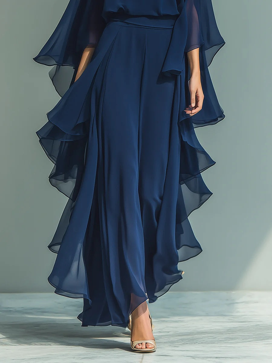Dark Blue Ruffled Wide-leg Pants And Long-sleeved Top Two-piece Set