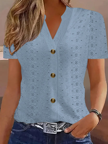 Knitting Buttons V-neck Short Sleeve T-shirts