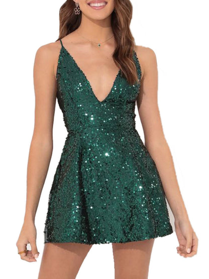 Sequins Bow Tie Deep V-neck Suspenders Backless Mini&Short Dresses