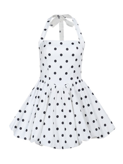 Polka Dots Printed A-line Halter Neck Short Dress
