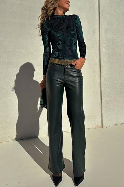Margovil High Rise Faux Leather Pocketed Straight Leg Pants