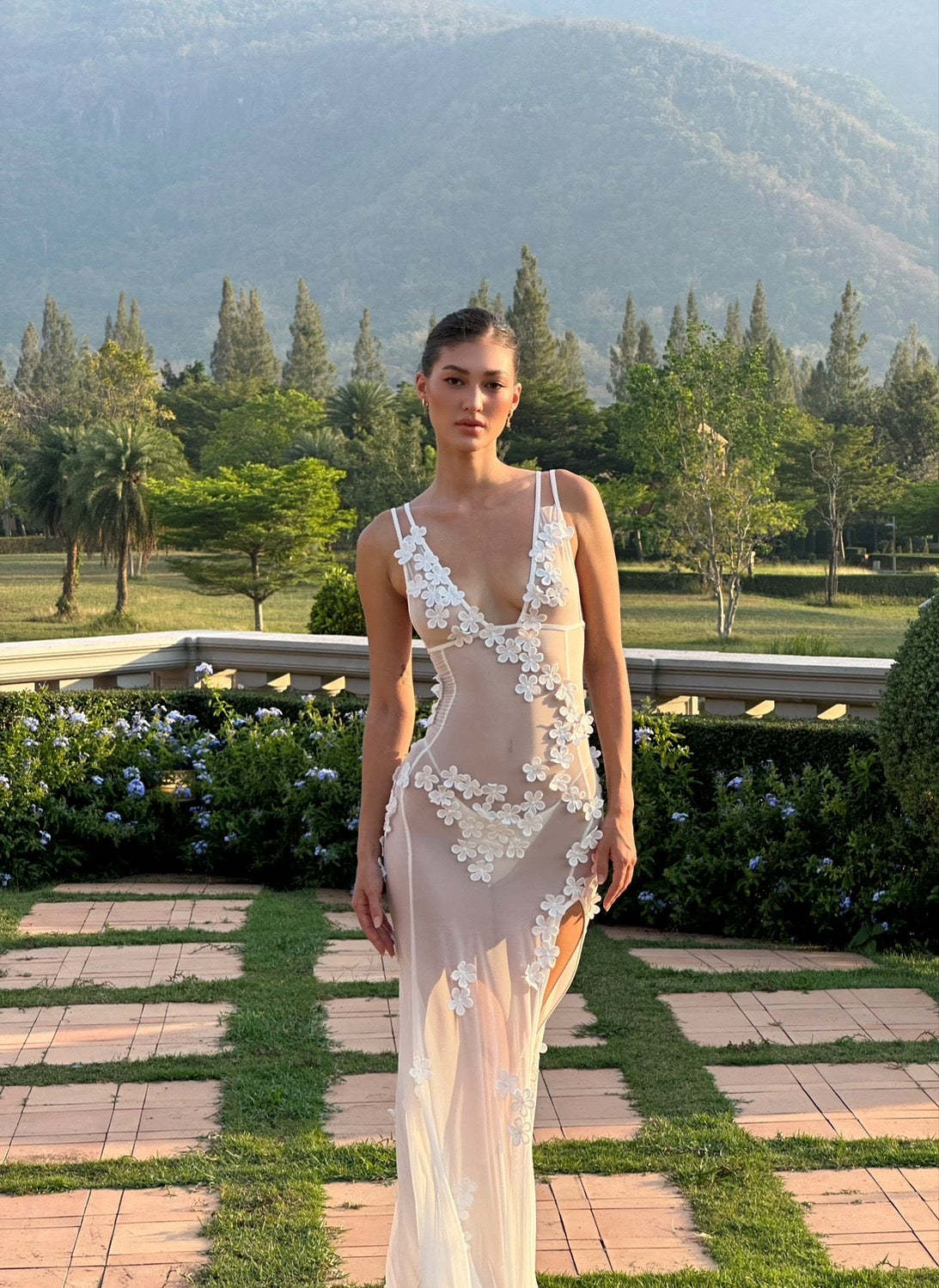 3D Flowers Mesh Perspective Camisoles Formal Dress Maxi Dresses