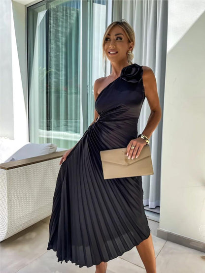 Sloping Shoulders Pleated Hollow Flowers Parties Bridesmaid Maxi Dresses