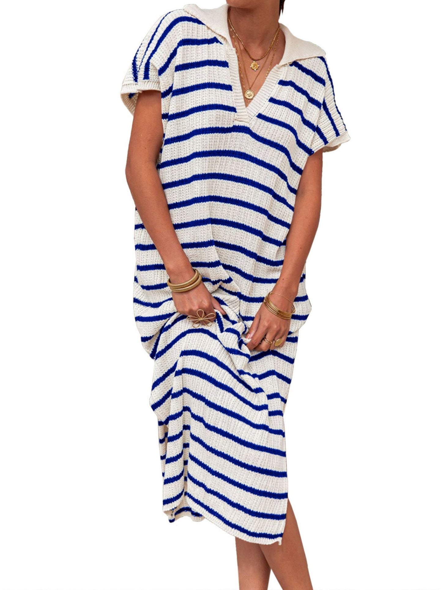 Stripes V-neck Short Sleeve Low-split Lapel Maxi Dresses