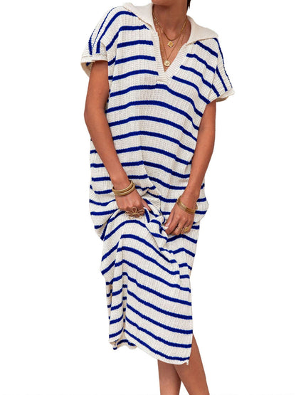 Stripes V-neck Short Sleeve Low-split Lapel Maxi Dresses