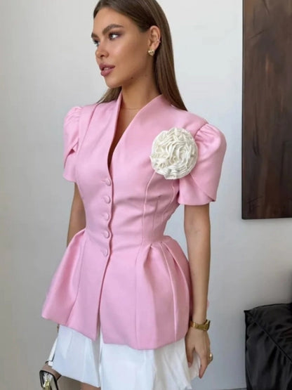 Waist 3D Flowers Short Sleeve Suit Jacket Commuting Shirts