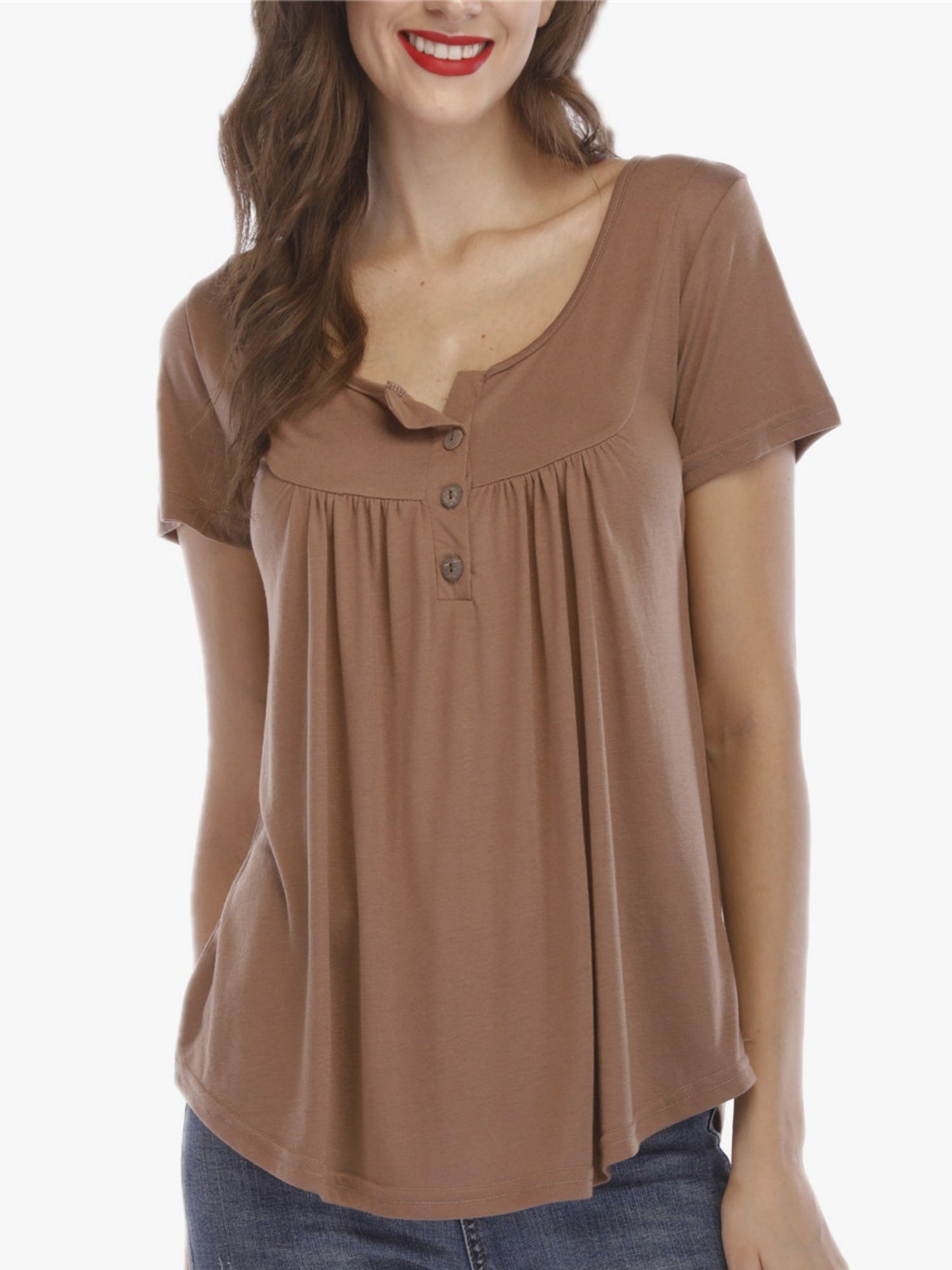 V-neck Pleated Buttons Loose-fit Short-sleeved T-shirt