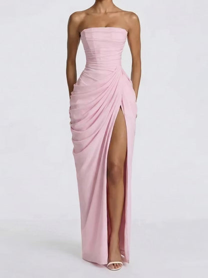 Pleated Slit Strapless Waist Maxi Dresses