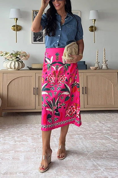 Margovil High Rise Tropic Print Midi Skirt