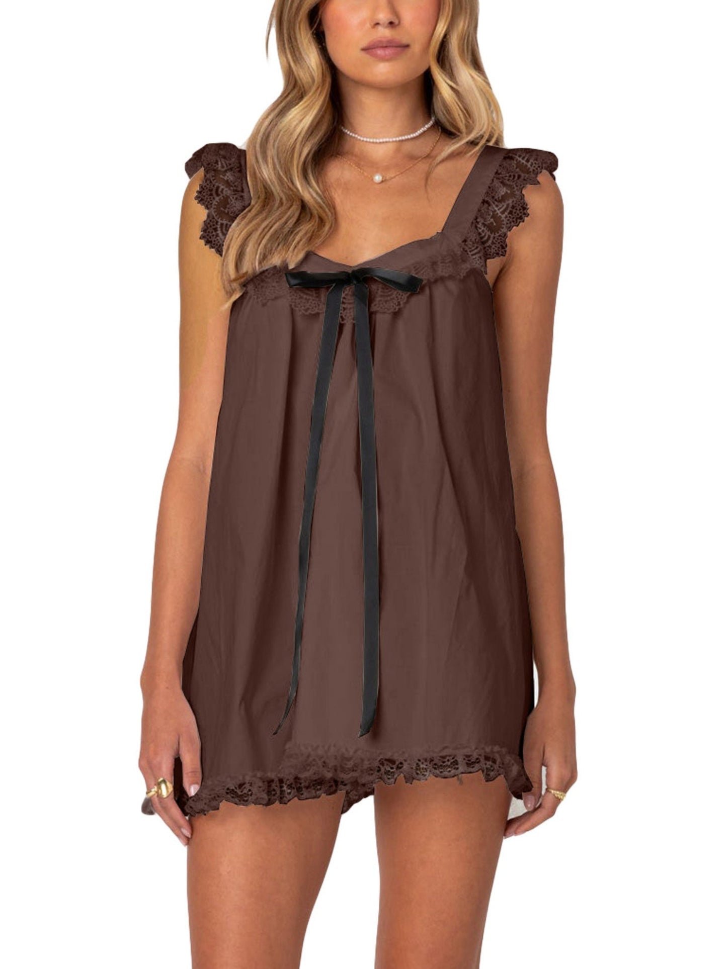 Bow Lace Trim Spaghetti Strap Backless Mini&Short Dresses