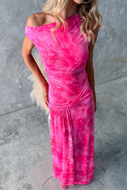 Asymmetric Shoulder Ruched Waist Floral Print Maxi Dress