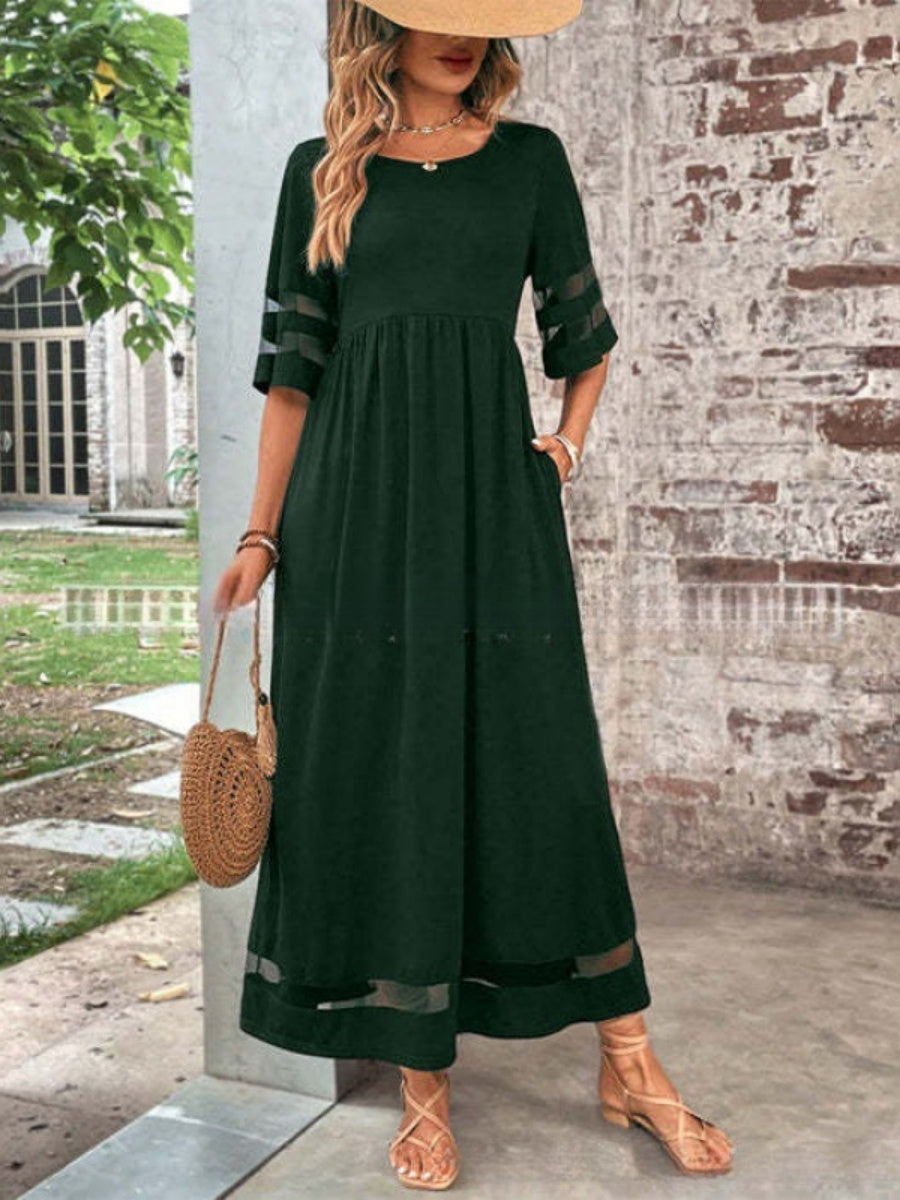 Half Sleeves Spliced Mesh Loose-fit Comfort Midi Dresses