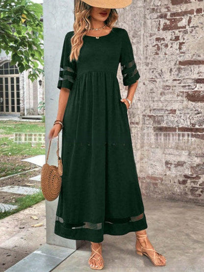 Half Sleeves Spliced Mesh Loose-fit Comfort Midi Dresses