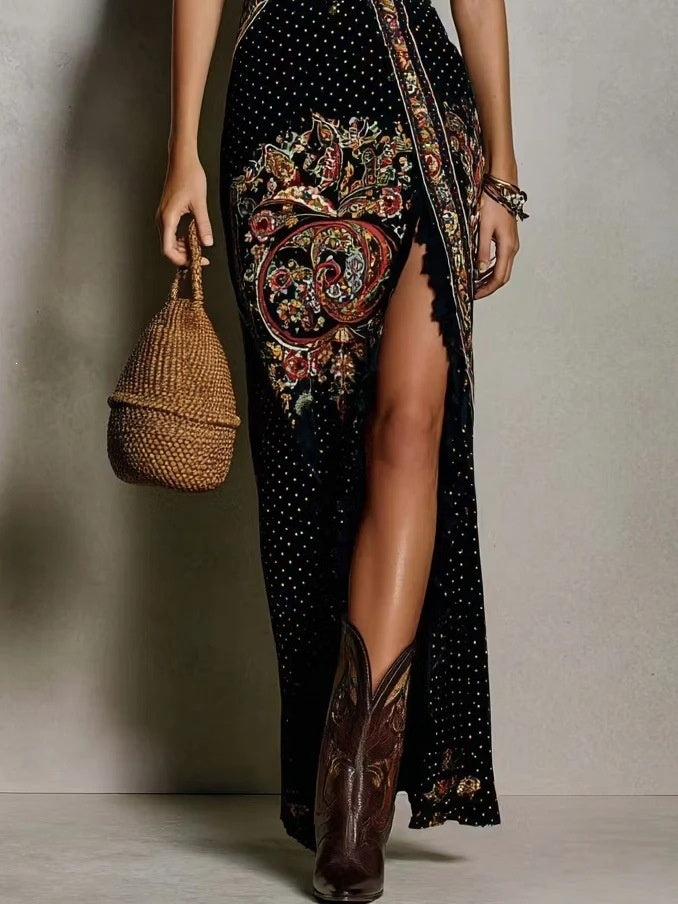 Digital Printing Sleeveless Vest With Ruffled Trim And Slit Long Dress