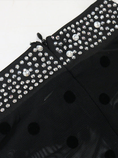 Hot-fix Rhinestone Mesh Long Sleeves Splicing Waist Shaping Slit Party Shiny Maxi Dresses
