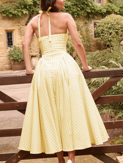 Gingham Plunge Halter Neck Fit and Flare Midi Dress