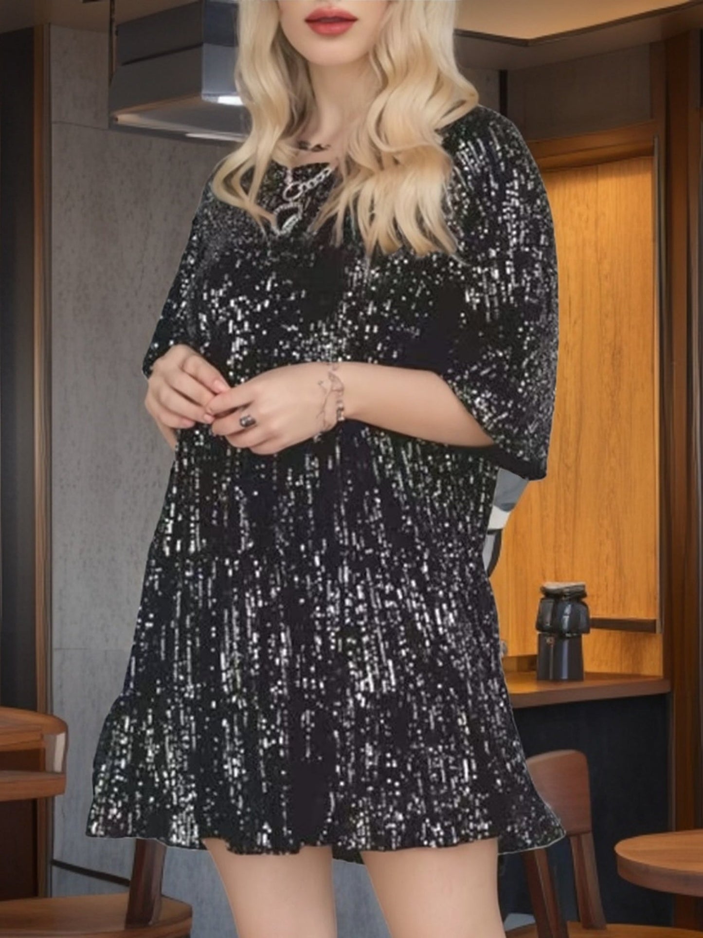 Sequins Pleated Multi-story Crew Neck Short Sleeve Mini&Short Dresses
