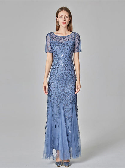 Embroidery Sequins Fishtail Spliced Mesh Formal Dress Maxi Dresses